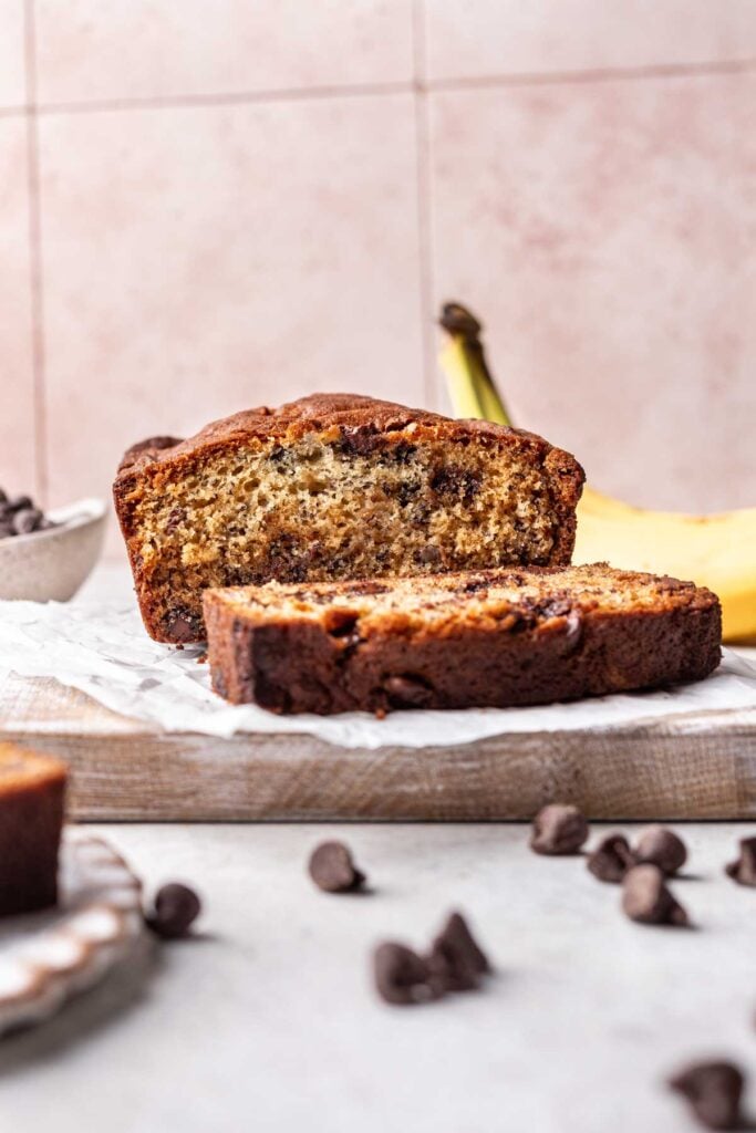 sliced banana bread on a wood board