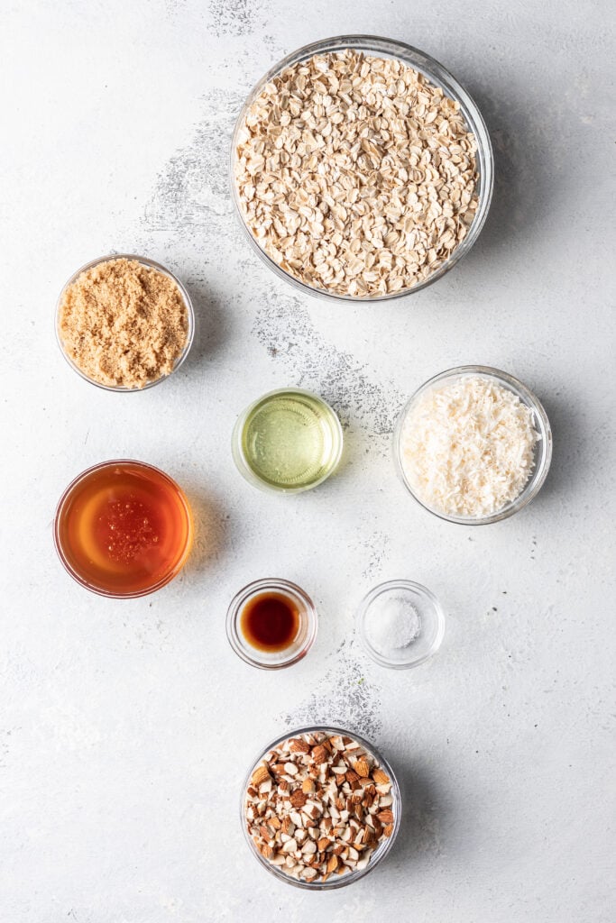 ingredients in bowls such as oats, brown sugar, honey, and shredded coconut