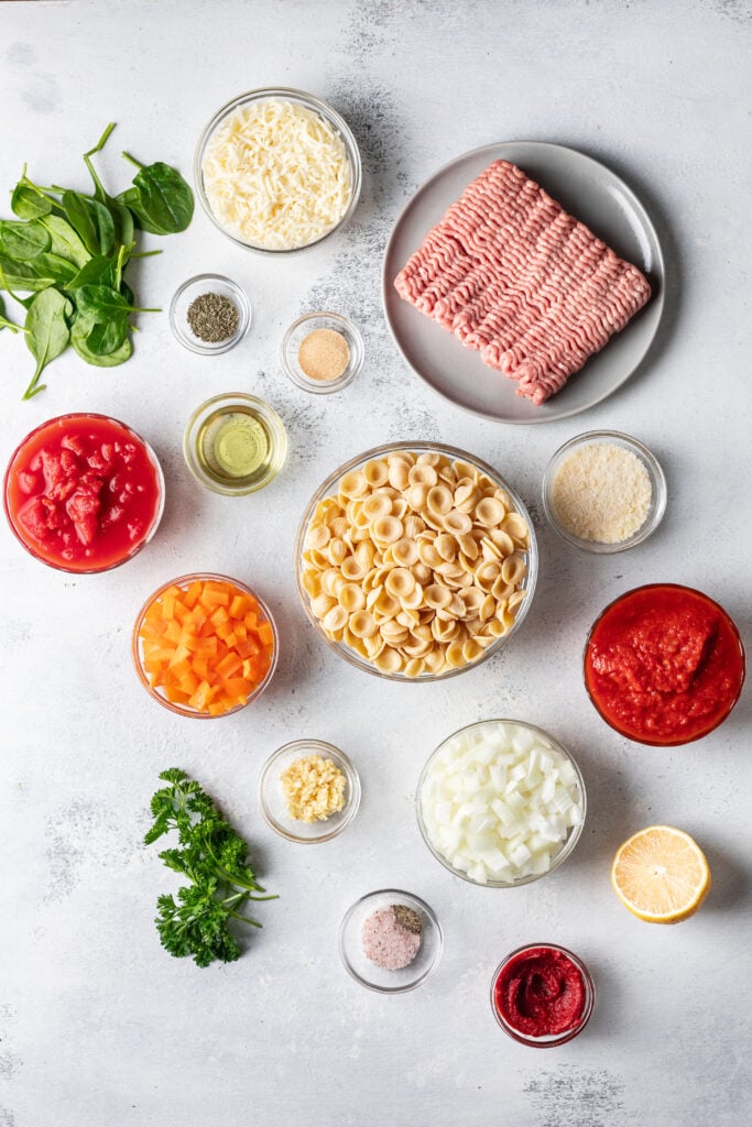 ingredients in a bowl like ground meat, spices, pasta and onion