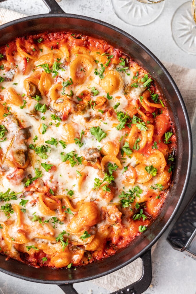 cheesy pasta in a skillet