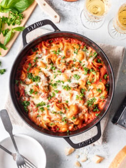 cheesy pasta in a skillet