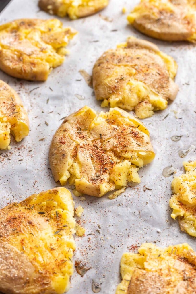 smashed potato on a sheet pan