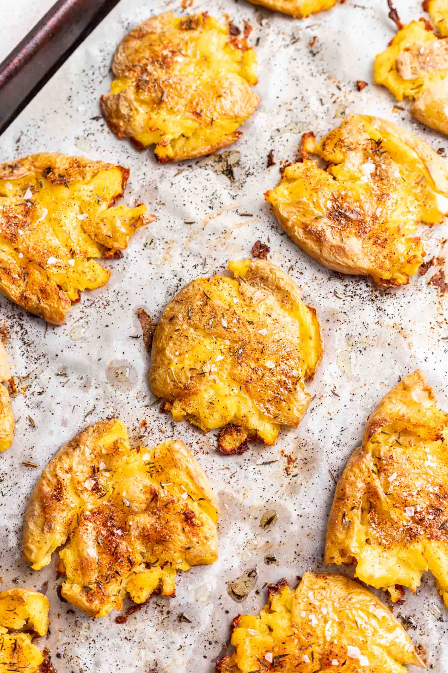 crispy smashed potatoes on a sheet pan