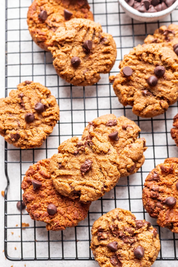 layered chocolate chip cookies on a cooling rack