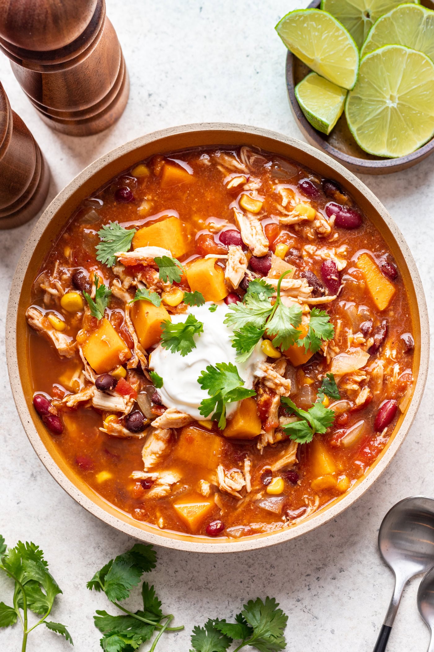 big bowl of sweet potato chicken chili topped with sour cream