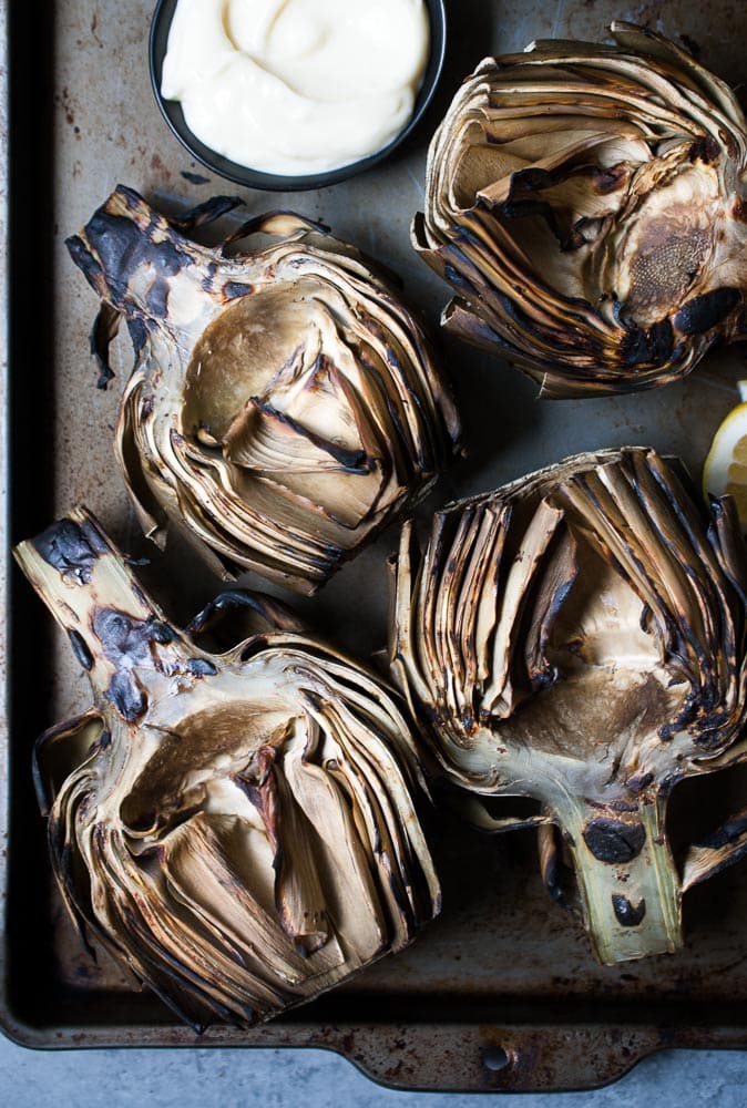 Grilled Artichokes w/ Garlic Lemon Mayo