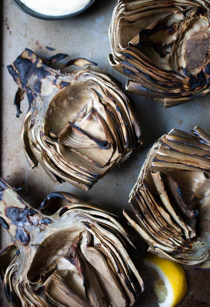 Grilled Artichokes w/ Garlic Lemon Mayo