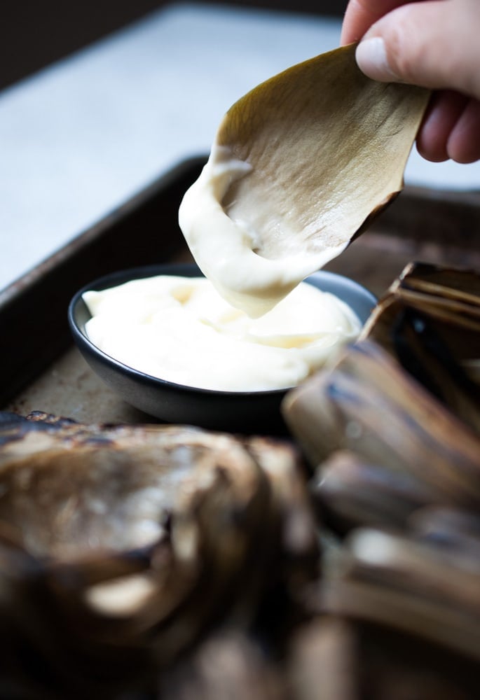 Grilled Artichokes w/ Garlic Lemon Mayo