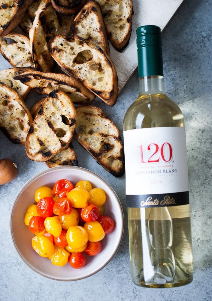 Grilled Mascarpone & Goat Cheese Crostini w/ Burst Tomatoes & Balsamic Glaze