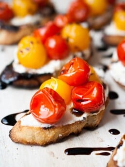 Grilled Mascarpone & Goat Cheese Crostini w/ Burst Tomatoes & Balsamic Glaze