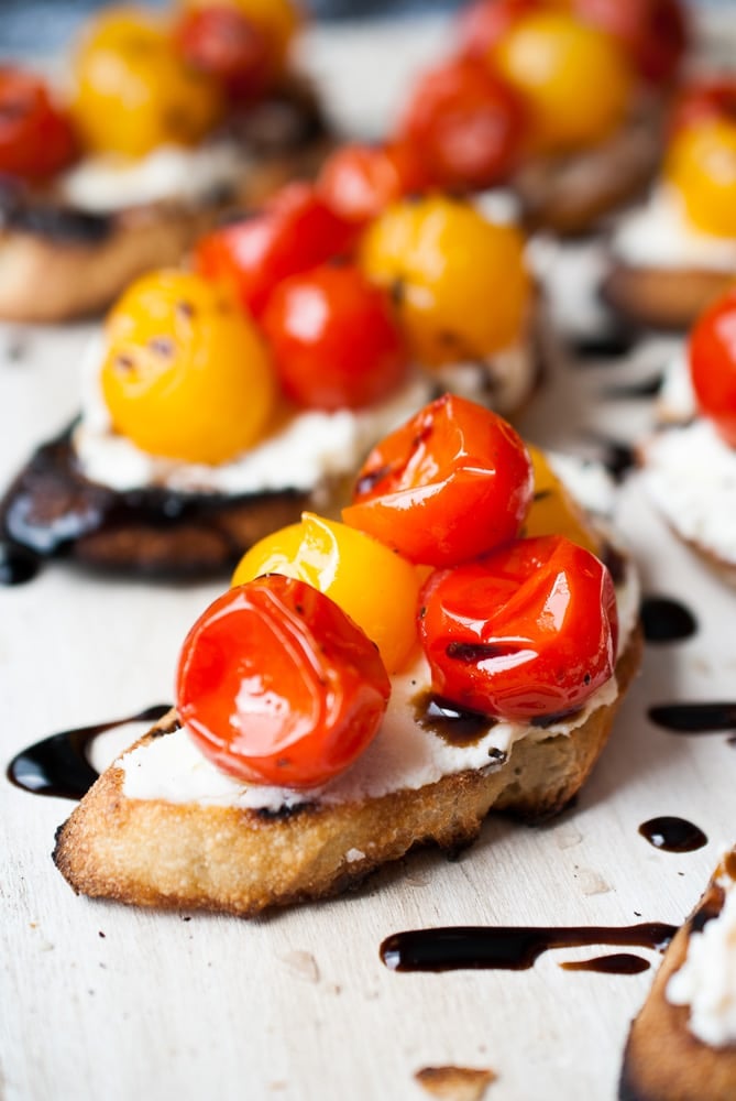 Grilled Mascarpone & Goat Cheese Crostini w/ Burst Tomatoes & Balsamic Glaze