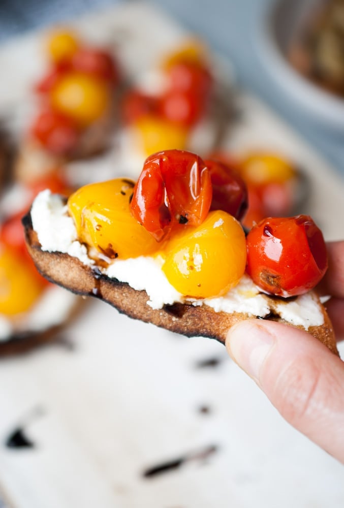 Grilled Mascarpone & Goat Cheese Crostini w/ Burst Tomatoes & Balsamic Glaze