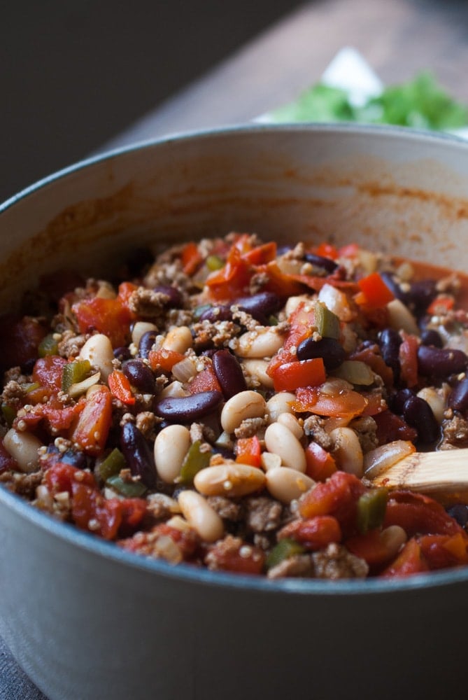 close up photo of a pot of chili