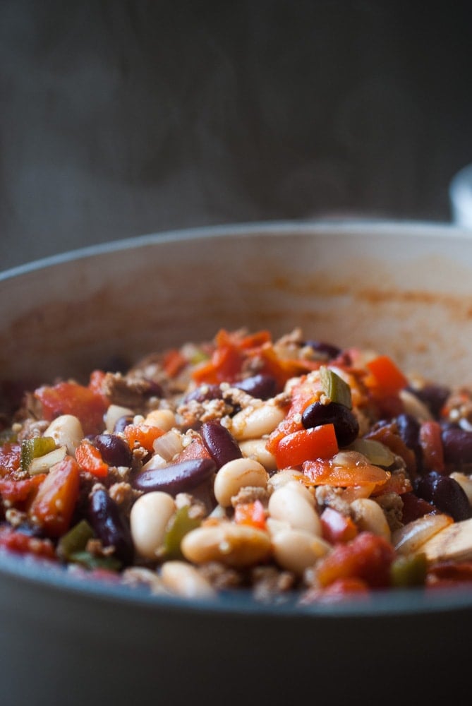 close up shot of a pot of chili