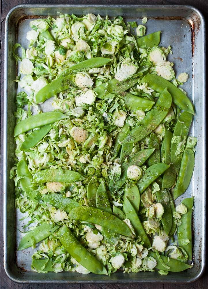 Roasted Snow Peas & Brussels Sprouts w/ Almonds