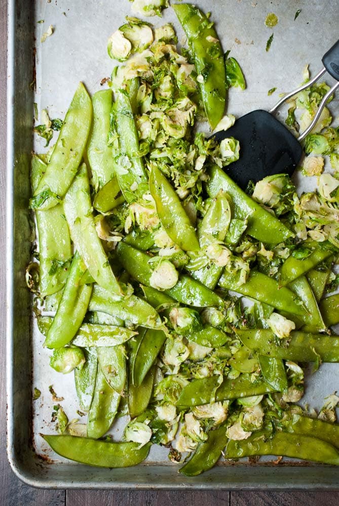 Roasted Snow Peas & Brussels Sprouts w/ Almonds