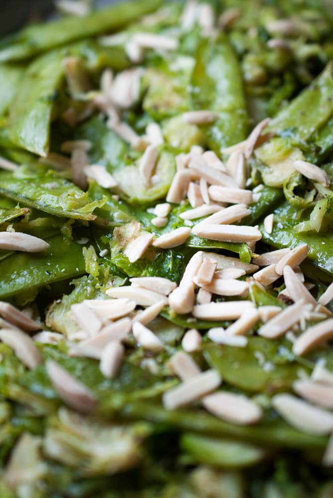 Roasted Snow Peas & Brussels Sprouts w/ Almonds