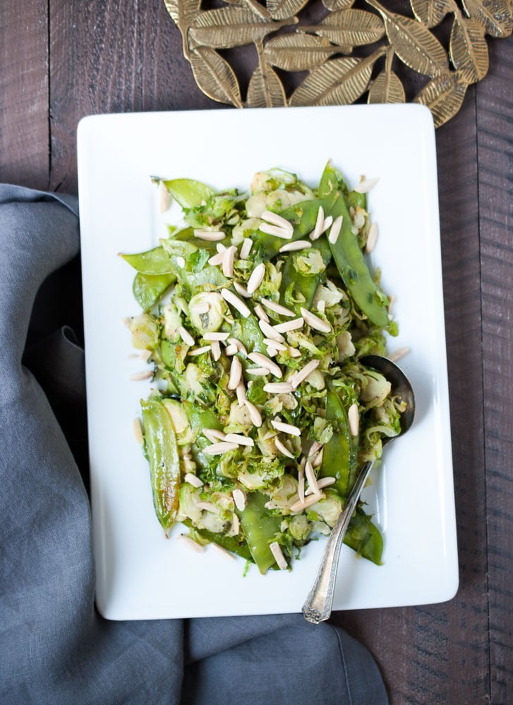 Roasted Snow Peas & Brussels Sprouts w/ Almonds