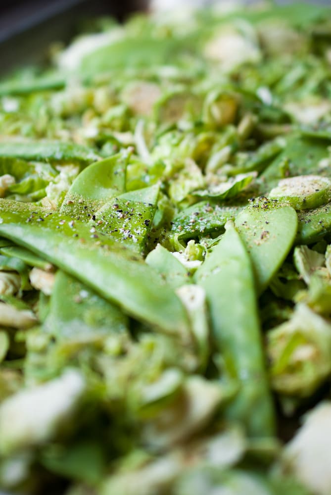 Roasted Snow Peas & Brussels Sprouts w/ Almonds