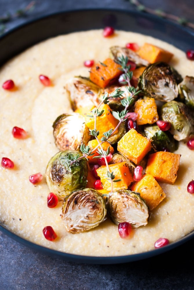 Creamy Potenta w/ Roasted Butternut Squash & Brussels Sprouts