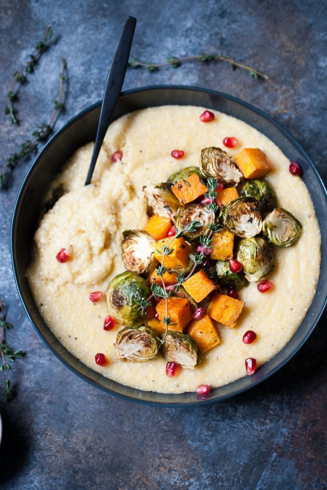 Creamy Potenta w/ Roasted Butternut Squash & Brussels Sprouts