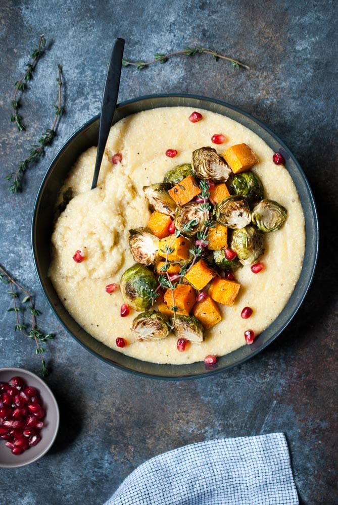 Creamy Potenta w/ Roasted Butternut Squash & Brussels Sprouts