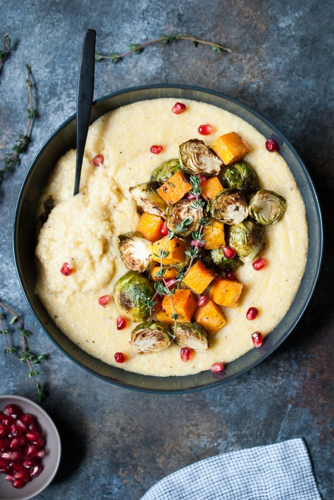 Creamy Potenta w/ Roasted Butternut Squash & Brussels Sprouts