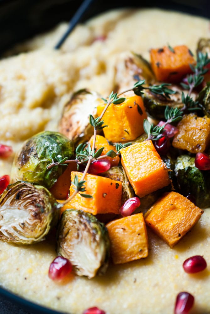 Creamy Potenta w/ Roasted Butternut Squash & Brussels Sprouts