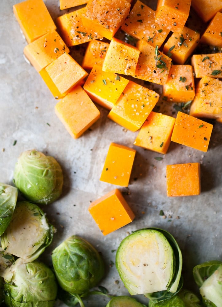 Creamy Potenta w/ Roasted Butternut Squash & Brussels Sprouts