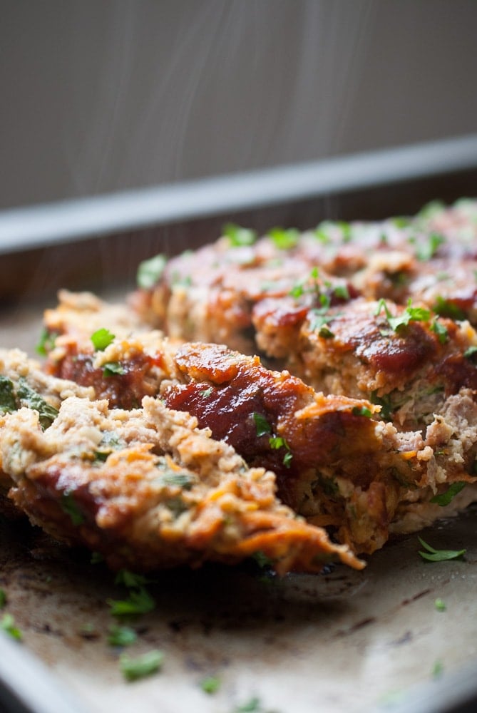 Turkey Meatloaf sliced with steam rising up