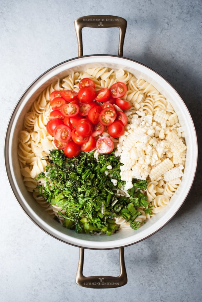 Grilled Broccolini, Corn & Tomato Pasta Salad
