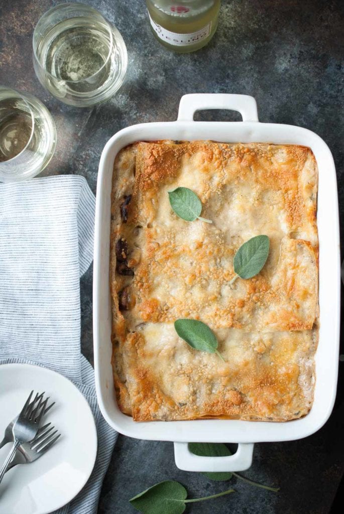 Mushroom Sage Lasagna in a baking dish