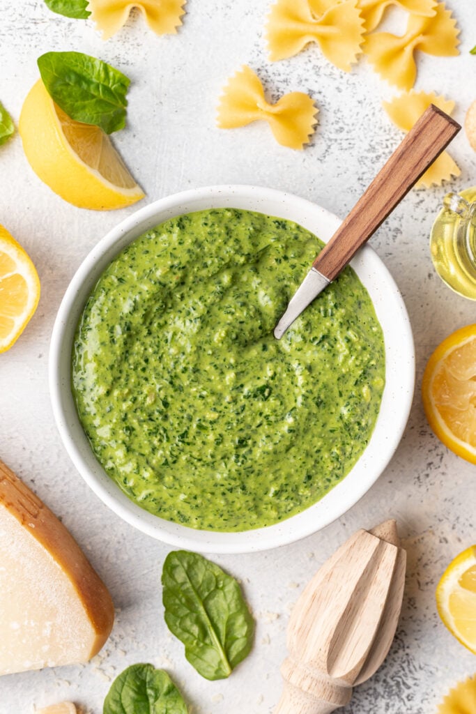 pesto in a bowl with a spoon