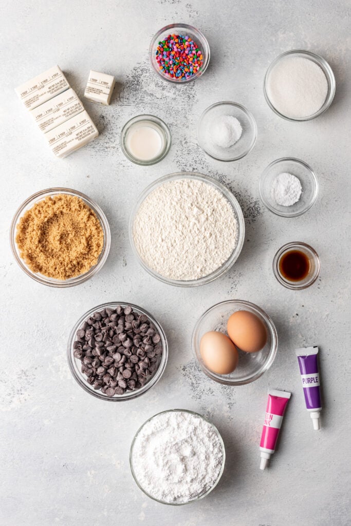 ingredients in bowls for baking a cookie cake