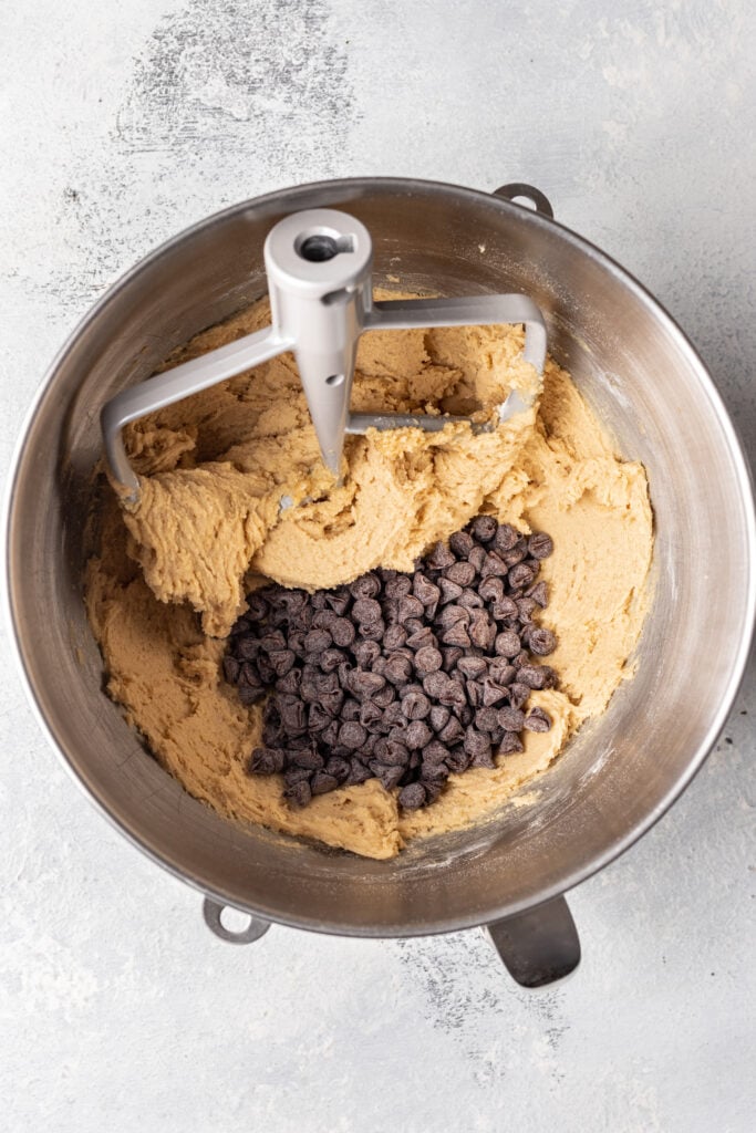 cookie batter in a bowl with chocolate chips