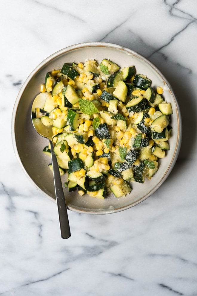 Sauteed Zucchini, Corn & Mint Salad w- Lemon & Parmesan