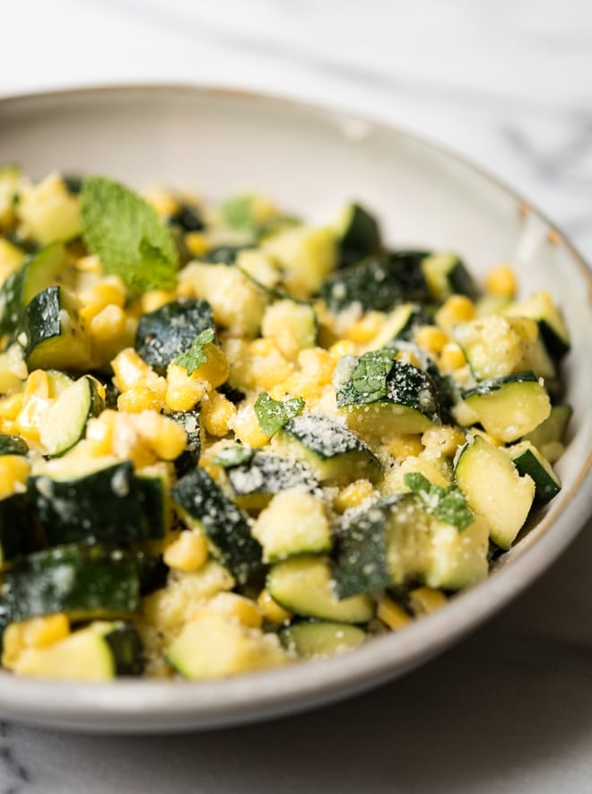 Sauteed Zucchini, Corn & Mint Salad w- Lemon & Parmesan
