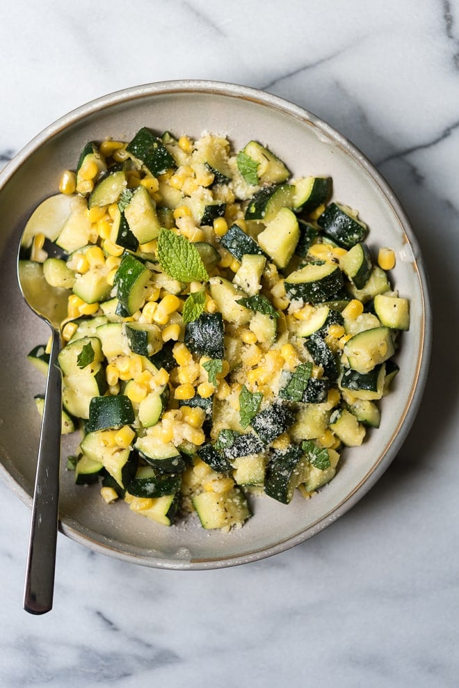 Sauteed Zucchini, Corn & Mint Salad w- Lemon & Parmesan