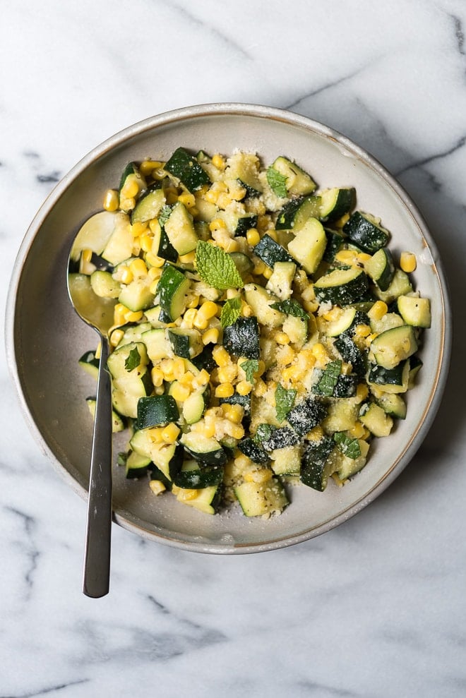 Sauteed Zucchini, Corn & Mint Salad w- Lemon & Parmesan