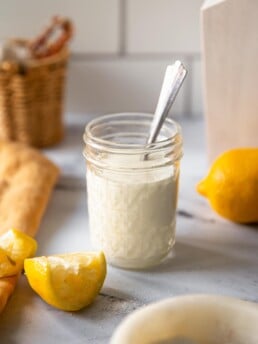 Jar of Crab Cake Dipping Sauce with Lemon