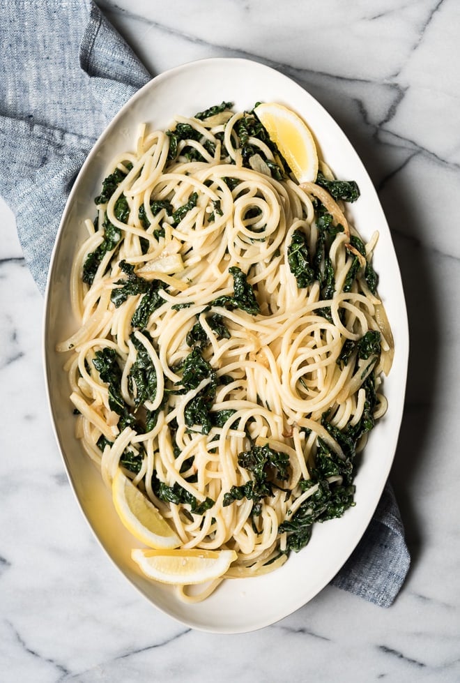 Lemony Pasta with Kale and Parmesan on a platter