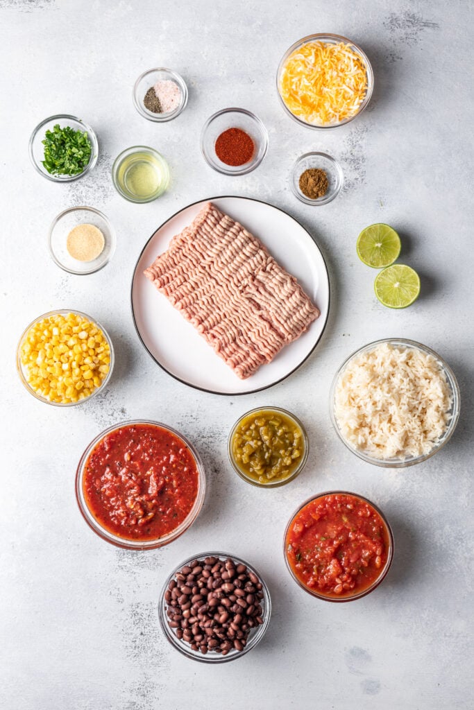 ingredients in bowls for taco bake