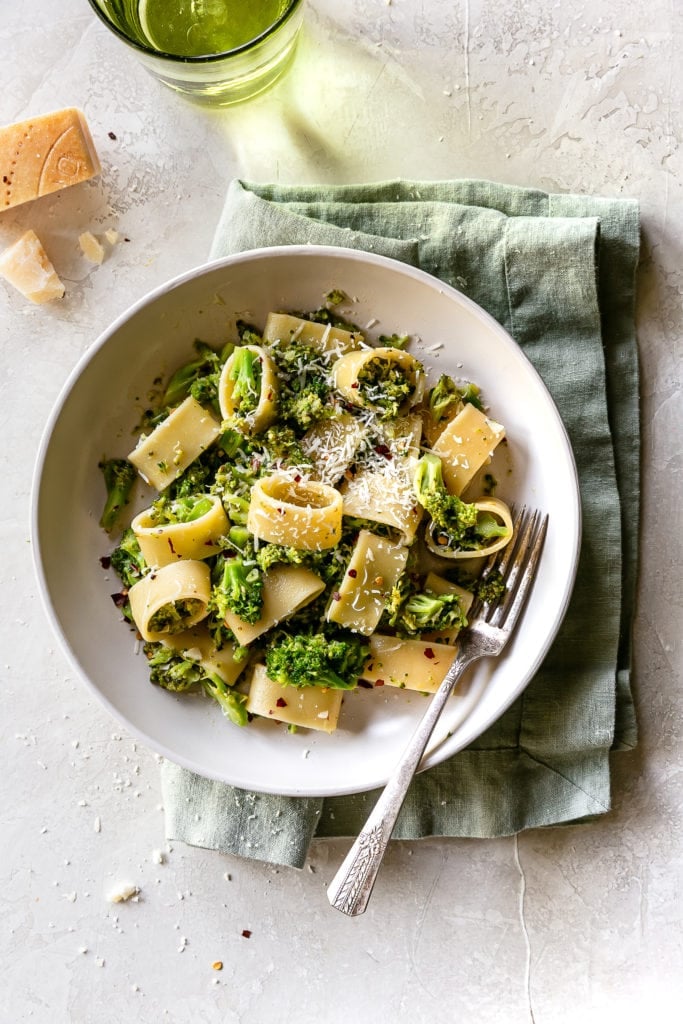 bowl of Broccoli Pasta with a fork