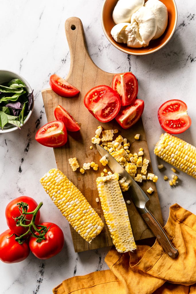 tomato, fresh corn, burrata salad