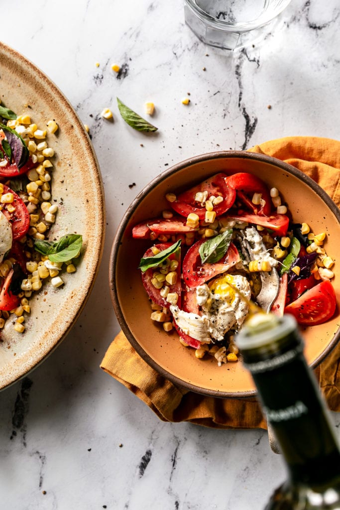 tomato, fresh corn, burrata salad