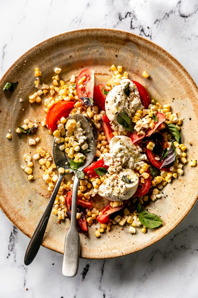 tomato, fresh corn, burrata salad