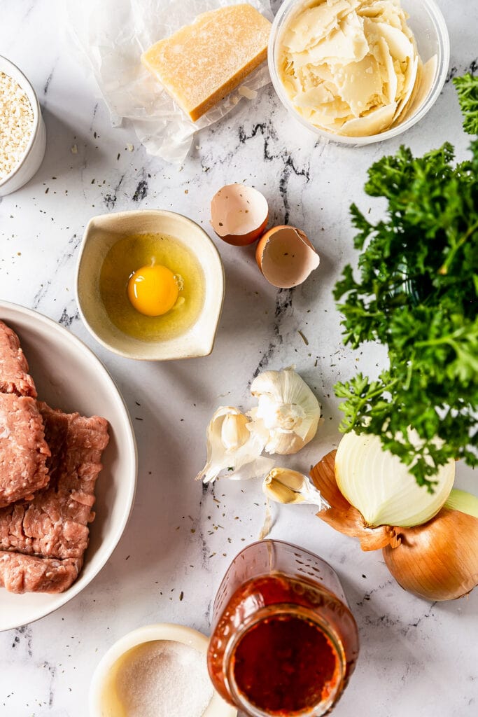 overhead ingredient shot of ground turkey, an egg, parsley, garlic, onion and parmesan cheese