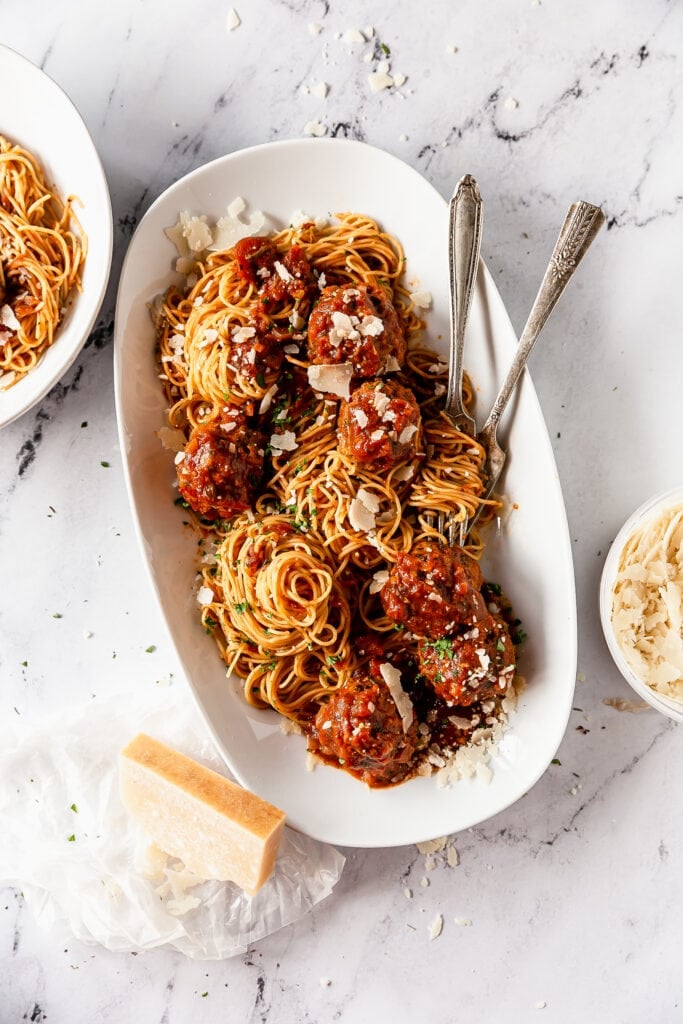 overhead shot of turkey meatballs on a platter with spaghetti