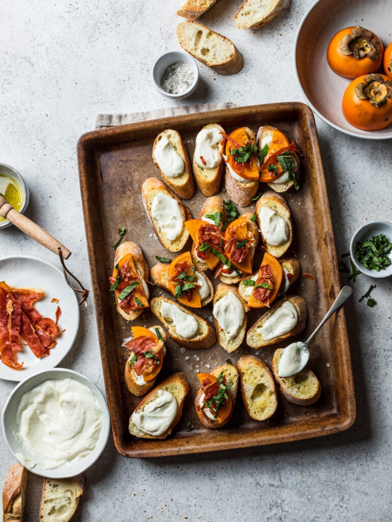 Persimmon Crostini with Crispy Prosciutto and Whipped Ricotta