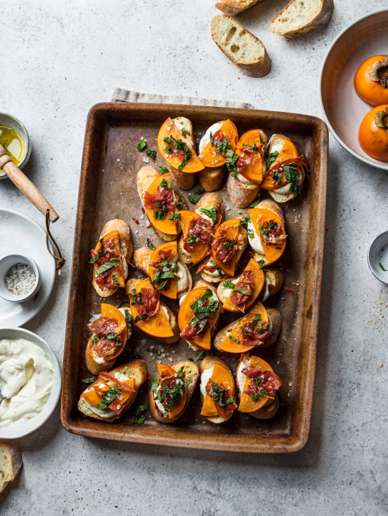 Persimmon Crostini with Crispy Prosciutto and Whipped Ricotta